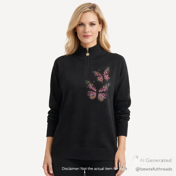 CHRISTINE ALEXANDER L Black Rhinestone Butterfly Mock Neck Zip Pullover Y2K Glam - Picture 3 of 10